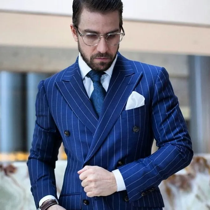 2018 Double boutonnage Royal blue stripe hommes costumes Costume élégant large revers à pointe Beau smoking Slim Fit blazer Veste 2 Pièces