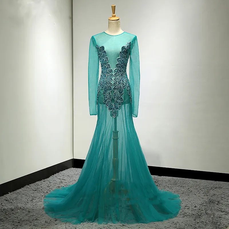 2018 doorkijk door Womens Prom Dress Beaded Turquoise Teal Special Design Custom Made Party Maxi jurken Sexy jurken vloerlengte