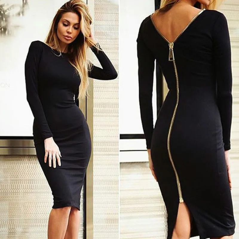 2018 Sonbahar Elbise Moda kadın Geri V Yaka Fermuar Elbiseler Casual Yuvarlak Boyun uzun Kollu Bodycon Elbise Zarif Kılıf Vestidos Parti Giymek