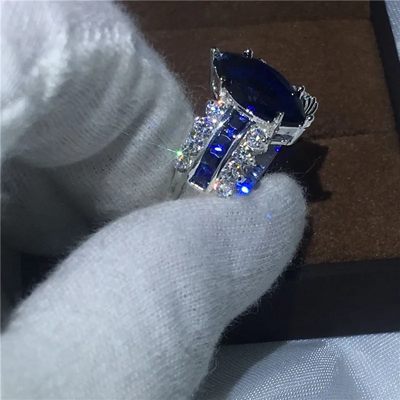 vecalon ジュエリー マーキス カット 5ct ブルー ダイアモニーク Cz 925 スターリングシルバー婚約結婚指輪リング女性用