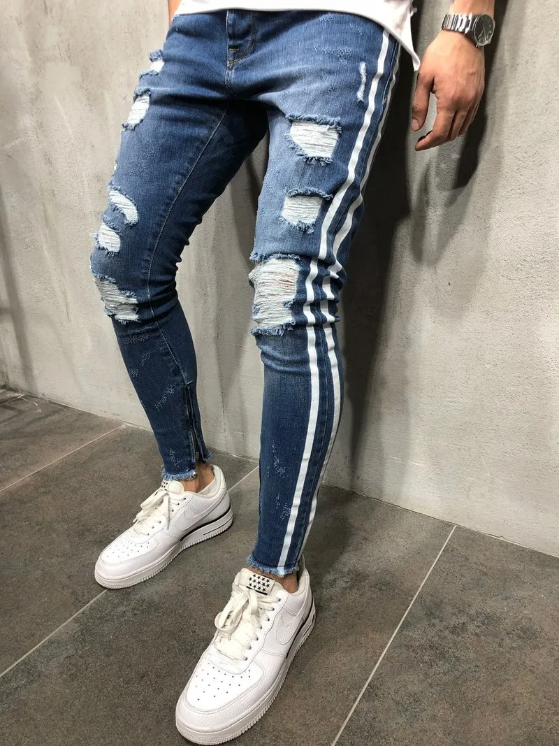 Mens Blue Denim Ripped Slim Fit Side Striped Jeans Man Skinny Pencil Byxor Casual Byxor med Zippers Gratis frakt