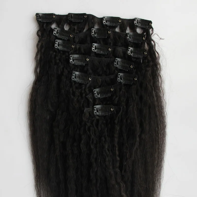 Natural black Coarse Yaki Kinky Straight Clip In Hair Extensions 100% Brazilian Human Remy Hair And 100gNatural Color