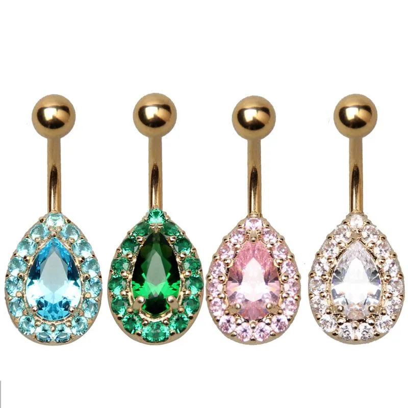 Water Drop Crystal Bar Belly Ring Gold Body Piercing Button Navel Two Heart body pierce jewelry