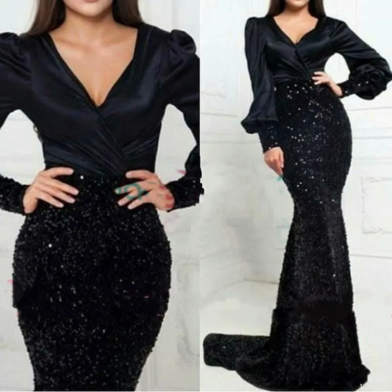 2018 Vestidos árabes de Qatar Vestidos de noche negros de sirena sexy brillante Manga larga con cuello en v Vestido formal Fiesta de baile Vestidos con lentejuelas