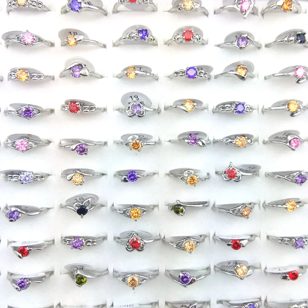 Wholesale 50pcs Classic Style Real Zircon Rings Mixed Color Fashion Rings For Women Wedding Bands Free Shipping