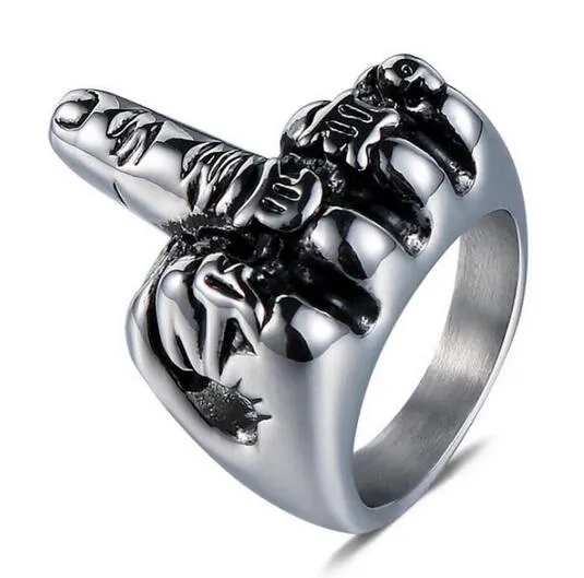 Kostenloser Geschenk Punk Gothic Rock Persönlichkeit Mode Schmuck Titan aus Edelstahl Klassiker Biker Sier Herren errect Middle Finger Ring 812