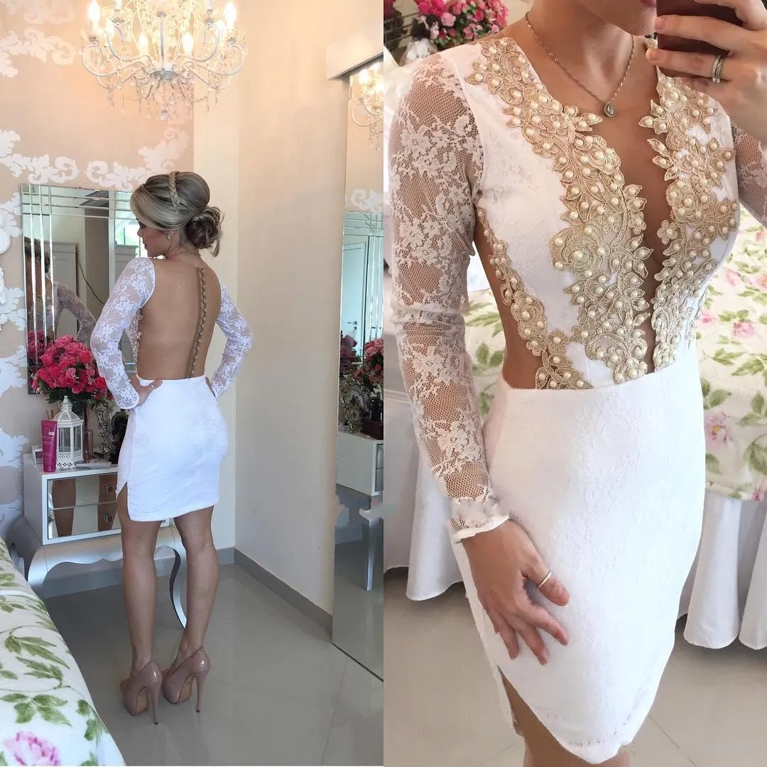 2019 vestido De cóctel corto De encaje transparente botón trasero manga larga vestidos De fiesta De banquete De novia vestido De fiesta bata De velada