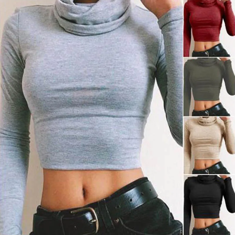 women long sleeve crop top turtleneck sexy cropped tops shirt