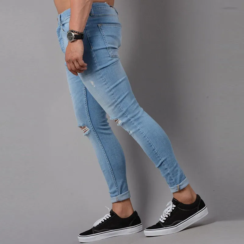 Pantaloni a matita uomo strappato drappeggiato ginocchio fori skinny jeans lungo jeans denim blu nero elastico moda jean