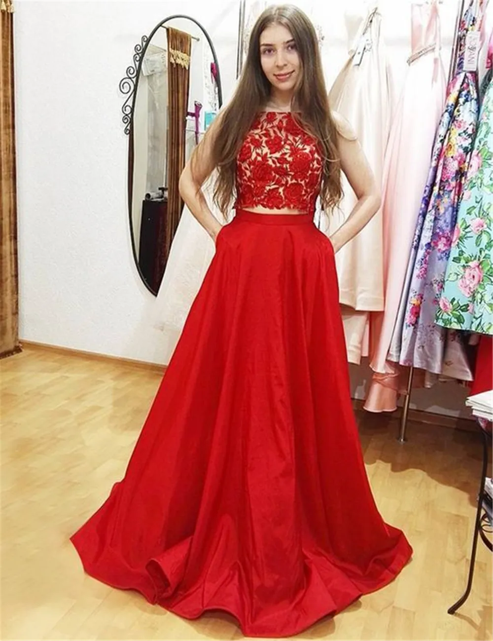 Red Lace Top Red Long Prom Dress With Satin Skirt Pockets And
