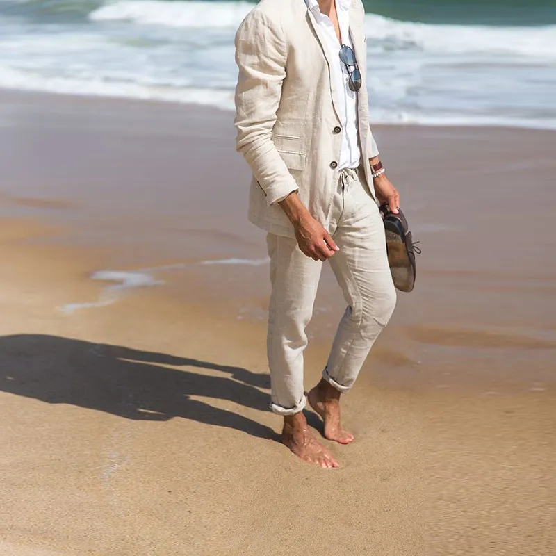 Summer Beach Beige Linen Notched Lapel Mężczyźni Garnitury Blazer Slim Fit Wedding Garnitury Pana młodego Prom Casual Dostosowane Tuxedos 2 sztuki Terno Masculino