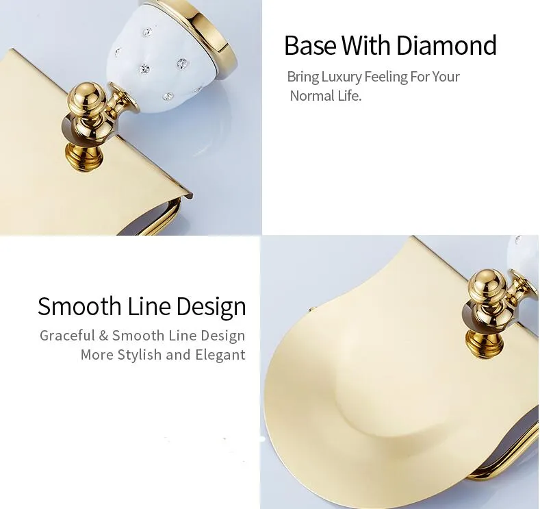 Guldtoalettpappershållare med diamantrullvävnadshyllor hyllor med solida mässing badrumstillbehör2365