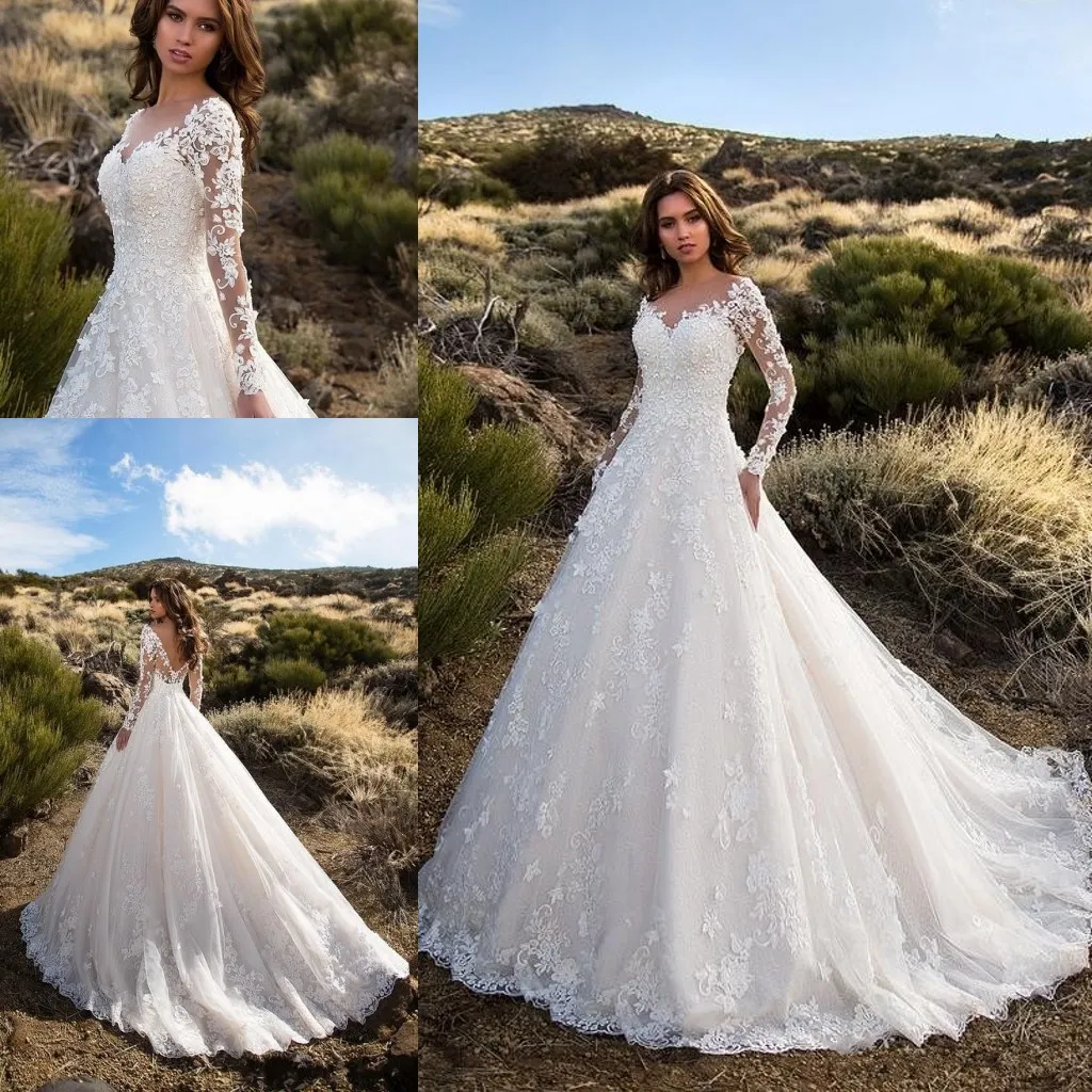 Vestidos de noiva vintage de manga comprida, vestido de noiva com apliques de renda, decote transparente, jardim, país