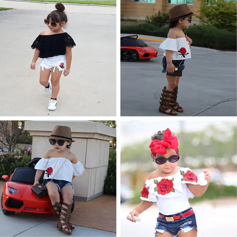 Cute Toddler Clothing 2018 Summer Kids Neonate Vestiti Set Flower Top + Pantaloncini di jeans 2 pezzi Abiti per ragazze Moda Abbigliamento per bambini 2-7T