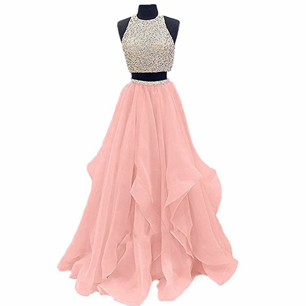 Elegant Pink 2 Piece Prom Dresses 2020 Crystals Organza Open Back Long Evening Gowns Party Celebrity Gowns QC1101