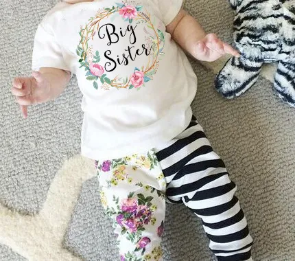 Moda de nova na moda recém-nascidos crianças bebê branco combinando roupas de impressão de manga curta grande sisiter T-shirts conjuntos definidos little sisiter romper jumpsu