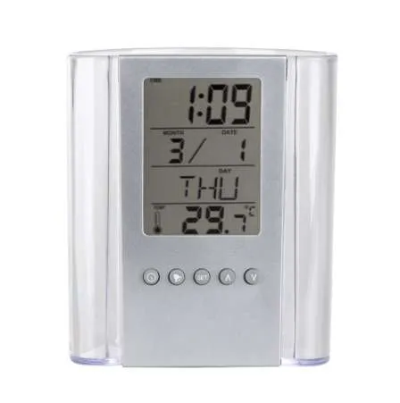 Transparante Desk Table Clock Pen Container voor Office Family Alarm Kleine geschenken Woondecoratie Desk Tafel Digitale Klok E5M1