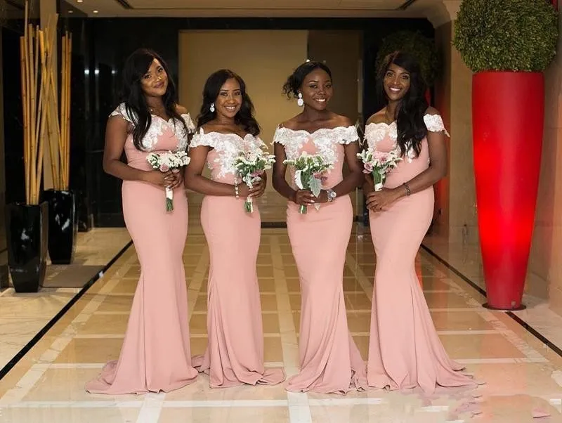 Blush Pink Mermaid Pink Satin Bridesmaid Dresses With White Lace Appliques And Off Shoulder Sweetheart Neckline Perfect For Wedding Parties Guests And Maid Of Honor From Missbridaldress 71.33 DHgate.C...