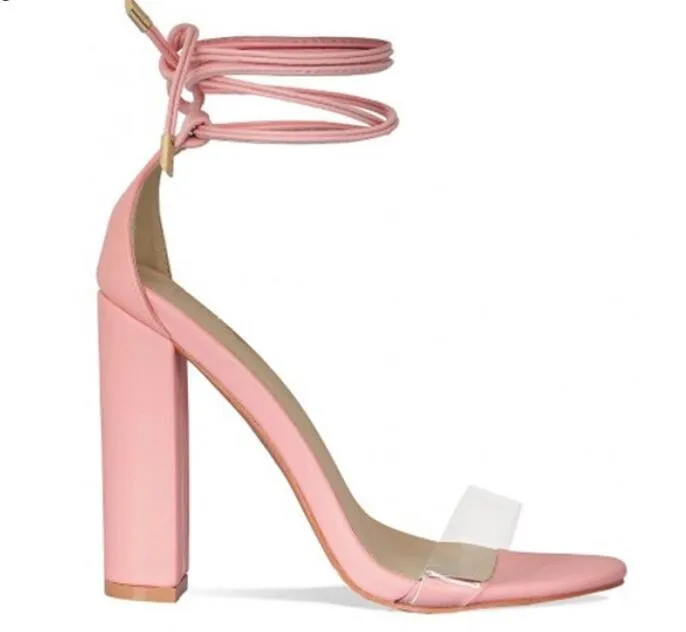 Transparent PVC Ankle Strap Women Pumps Peep Toe High Heels Women Sandals Pink Nude Lace-Up Block Heels Women Shoes