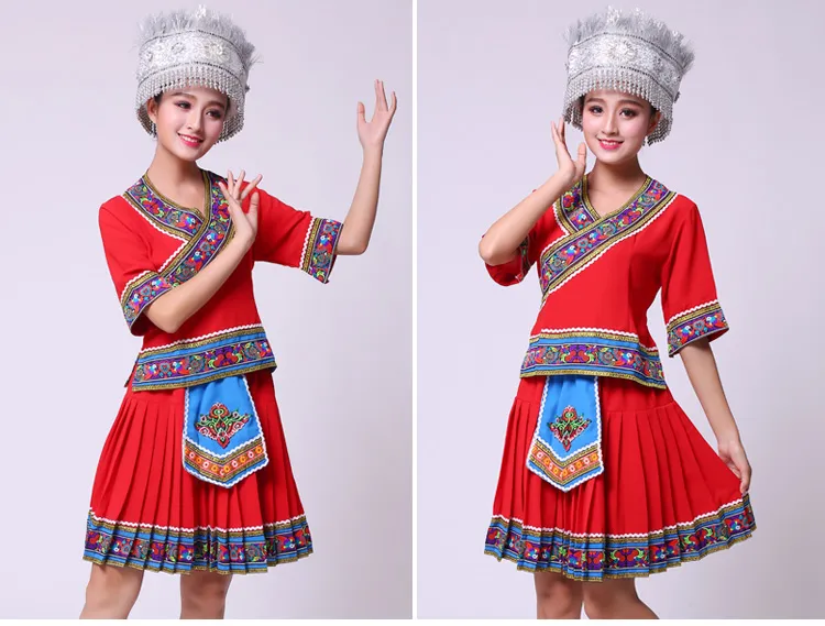 Kinesisk Traditionell Hmong Kostym Top + Ruffle Kjolar Kläder Ställer Miao Dance Dress Kinesisk Folk Dance Kvinnors Stegkläder