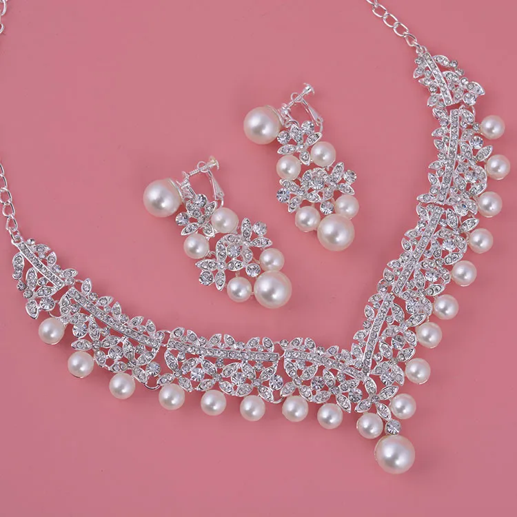 Bride Crystal Pearl Costume jewelry sets New Design Rhinestone Choker Necklace Earrings Tiara Bridal Women Wedding Jewelry Set289w