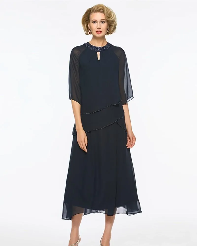 Cicinia Dark Navy Mother Of The Bride Dress Plus Size Short Chiffon Sheath Knee Length Cape Sleeve main image 1