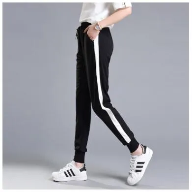 2018 Top Fashion Women Leather Striped Harem Pants Women Black Casual High Waist Pants Drawstring Loose Trousers Pantalon Femme