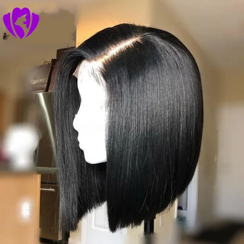 Black Short Lace Front Wigs synthetic Hair Bob Wig straight natural hair wigs for back women l with Pre Plucked Hairline Bleached Knots