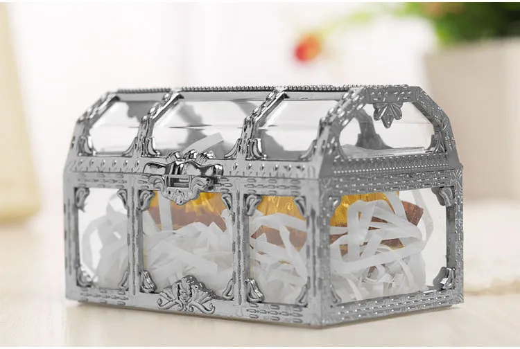 Coffre au trésor boîte à bonbons or argent Transparent en plastique boîtes de faveur de mariage bébé douche boîte-cadeau wen6128