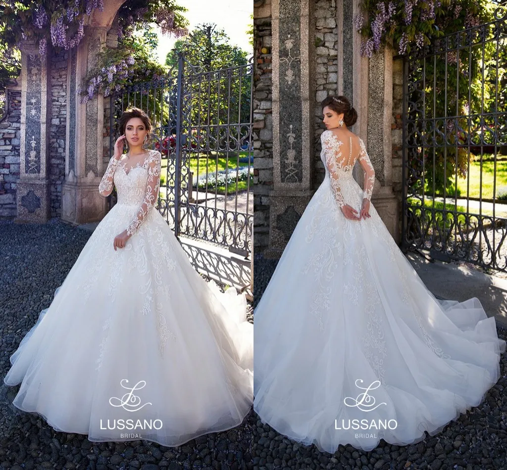 Vestidos de casamento moderno princesa vestido de baile mangas completas  ilusão tule voltar vestido de noiva