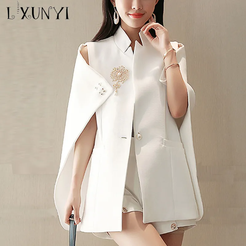 Lxunyi Fashion Summer Blazer White Cape Office Wear Women Cape Blazer Coat Coat One Button Beded Beded Brooch Coat Female