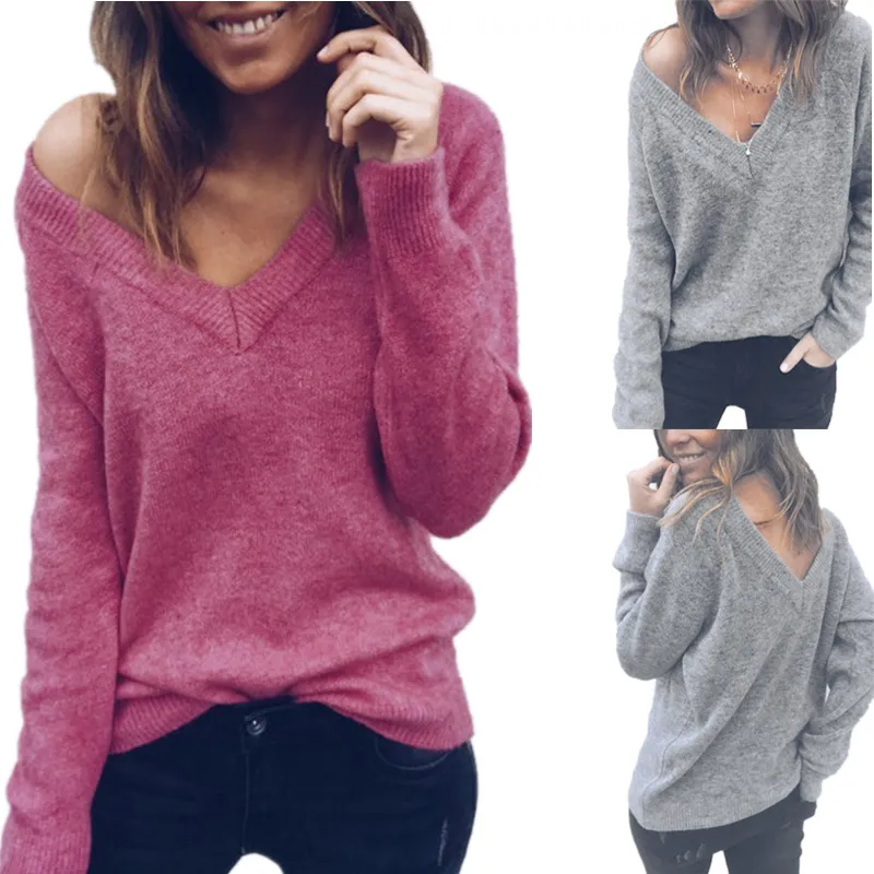 2018 Fall Winter 4 Colors Cotton Knitting Sexy Deep V Neck Long Sleeve Tops T Shirt For Women Off Shoulder Tops Tees Shirt