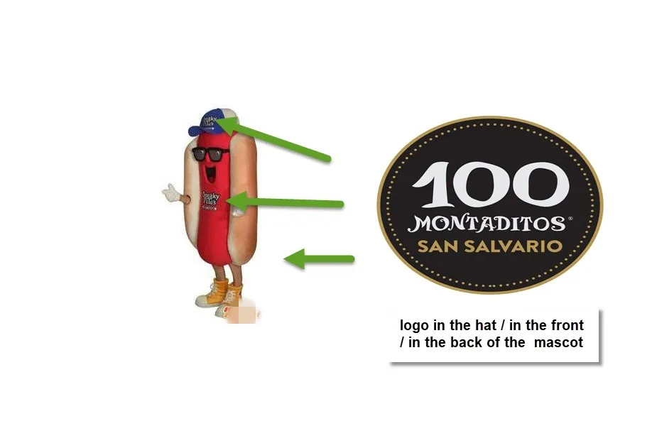 Disfraz de mascota de hot dog personalizado con logotipo