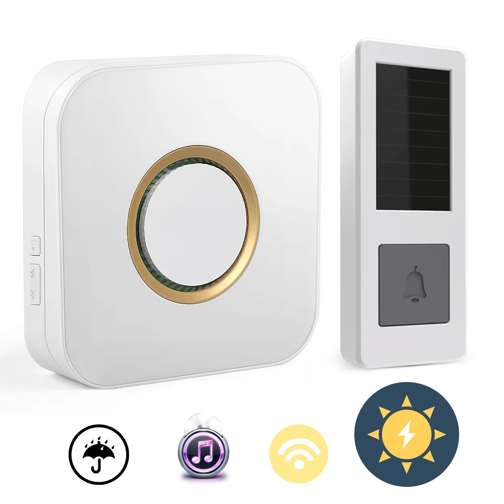 Trådlös Doorbell Solar Powered Push Trådlös Dörrklocka Vattentät Utomhus WiFi Dörrklocka Med 52 Tunes Chimes