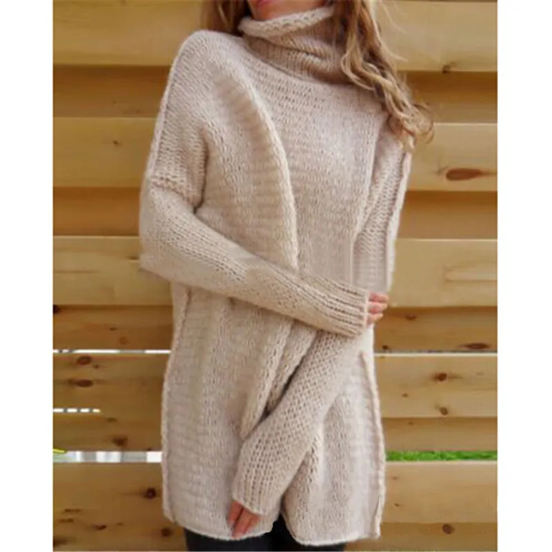 Women's Turtleneck Long Sleeve Fluffy Knitted Sweater Casual Warm Pullover for Autumn Winter 2024