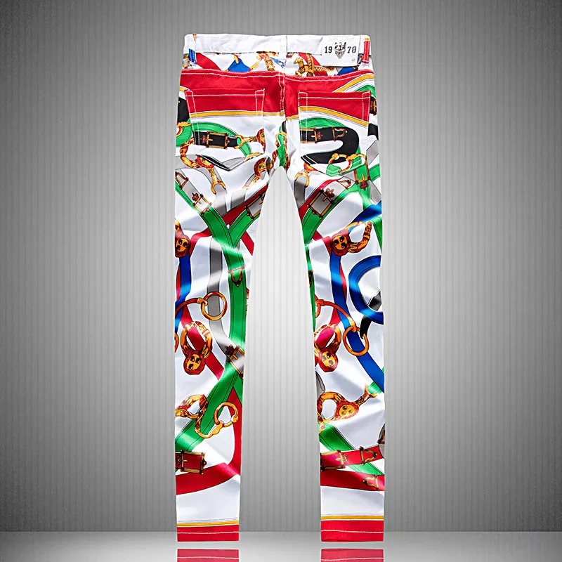 Mens Irregular Painted Graffiti Print Design Jeans Straight Long Pencil Pants Man Teenager White Streetwear Sim Biker Denim Pant260O