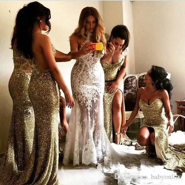 Sparkly Bling Gold Sequined Mermaid Bridesmaid Dresses Backless Slit Plus Size Maid Of The Honor Gowns Wedding Dress