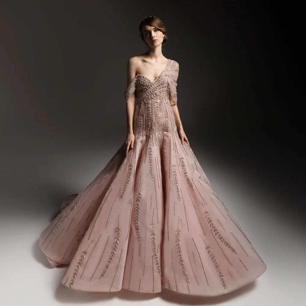 Luksusowe Zroszony 2019 Różowy Prom Dresses Linii Suknie Wieczorowe Off The Ramię Appliqued Sweep Pociąg Formalna Party Party Dress