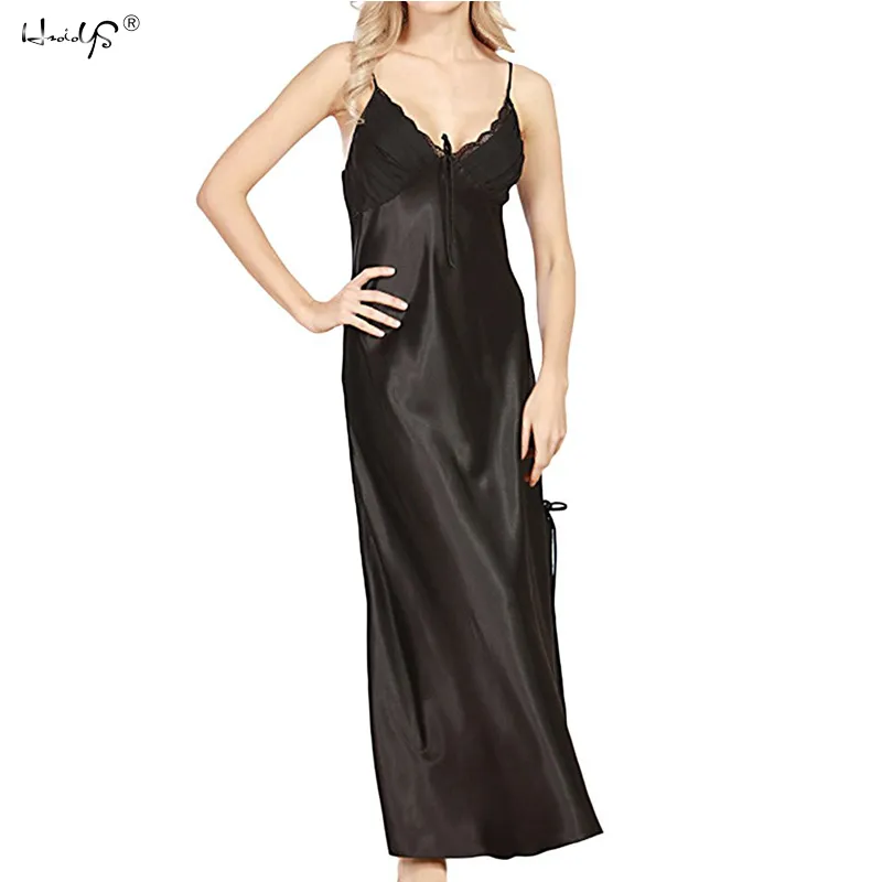 Women Sexy Lingerie Satin Midi Nightdress Plus Size Lace Nightgown
