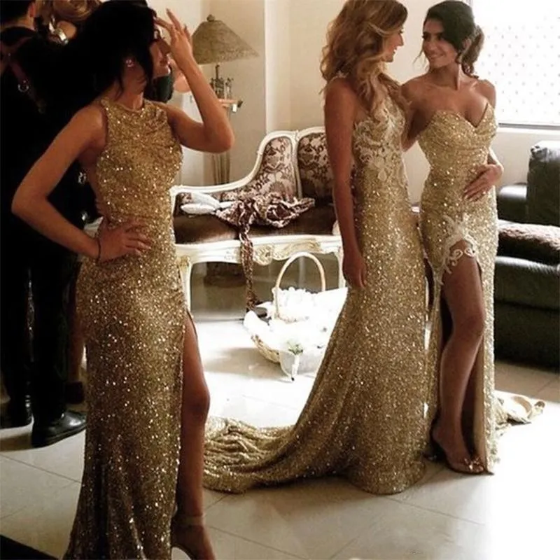 Sparkly Bling Gold Sequined Mermaid Bridesmaid Dresses Backless Slit Plus Size Maid Of The Honor Gowns Wedding Dress