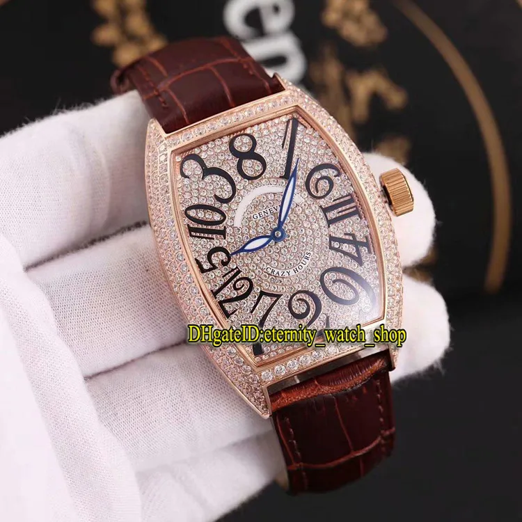 6 Color Luxury CRAZY HOURS 7851 CH D Diamonds Dial Japan Miyota Automatic Mens Watch Silver Diamond Case Brown Leather Band Gents Watches