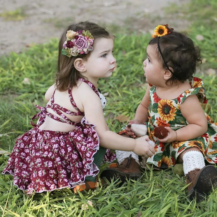 2018 estilo europeu novo bebê menina verão vestidos de crianças sem encosto quebrado flor suspender vestido de algodão frete grátis