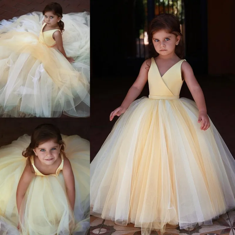 Ljusgul bollklänning Flower Girl Dresses For Wedding V Neck Toddler Pageant -klänningar med Sash Floor Length Tulle Kids Prom Dress 407