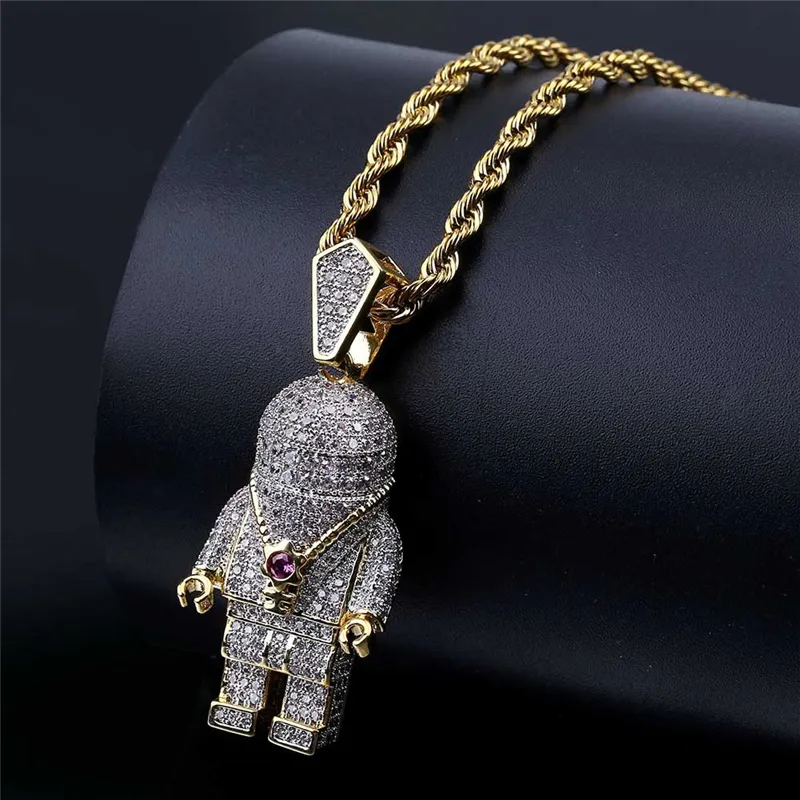 Personlighet män juvelery gult guld pläterade full cz astronout hänge halsband för män kvinnor mode hip hop smycken