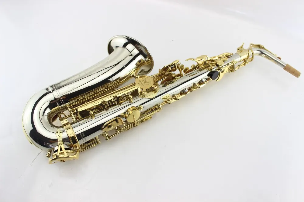 Märke Kvalitet Margewate Brass Nickel Plated Body Gold Plated Key Alto Saxofon Eb Sax med väska och tillbehör Gratis frakt