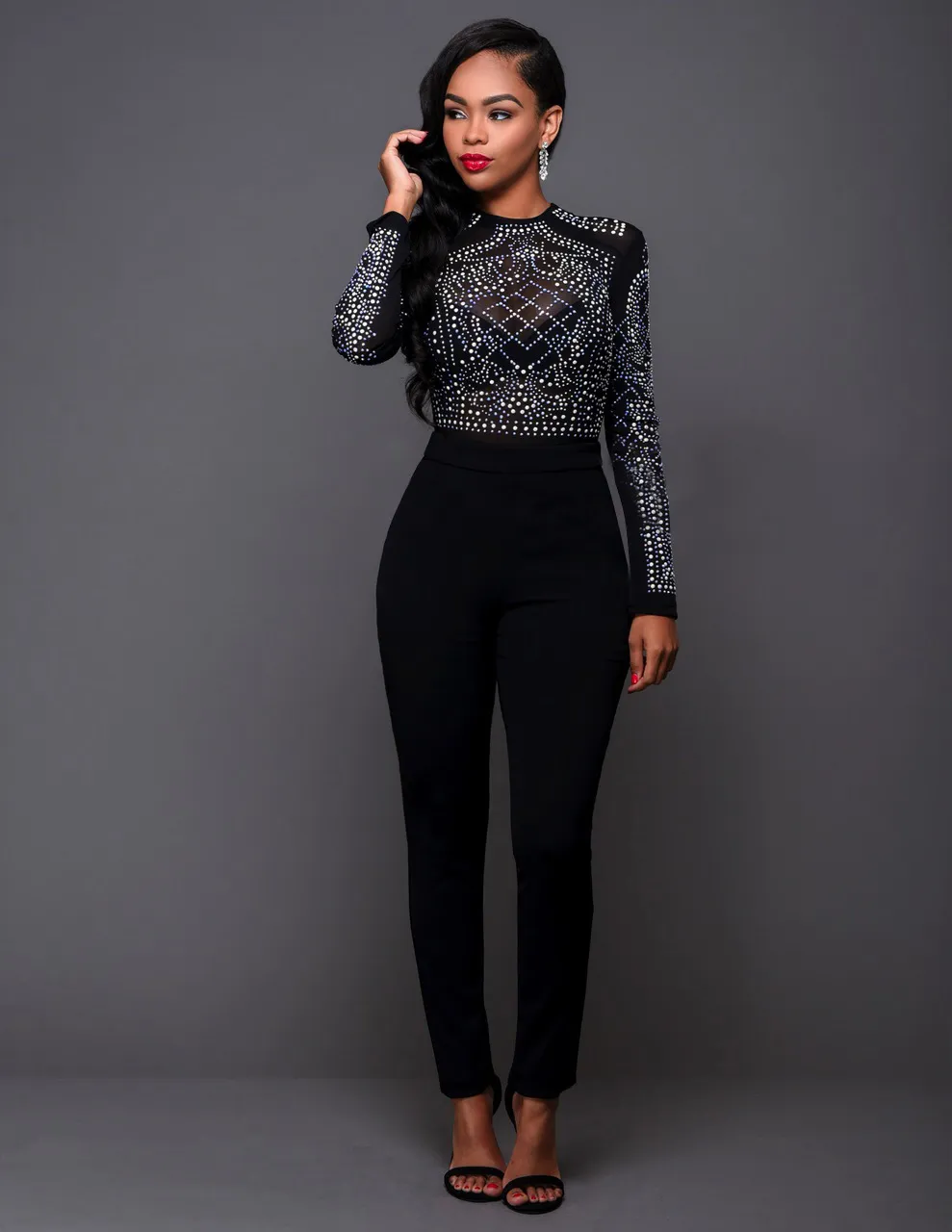 Women Sequins Jumpers For Night Club Eur Fashion High Waist Mesh See Through Skinny Tracksuit Lady Bodycon Tracksuit