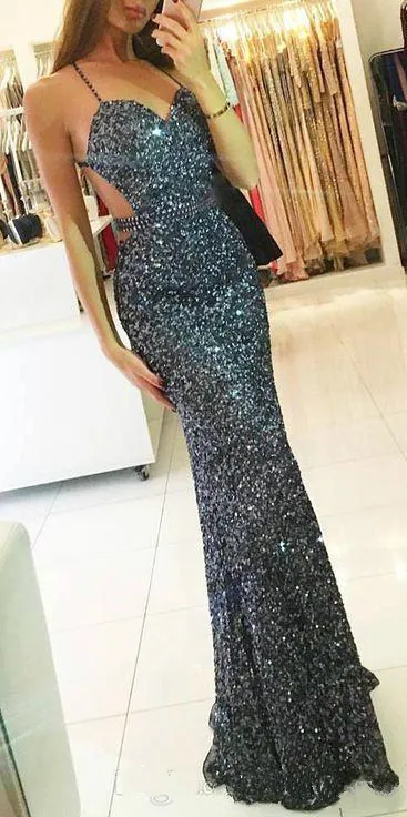 Köpüklü Payetli Backless Gelinlik Spagetti Mermaid Pageant Parti Elbise Abiye giyim Vestido De Festa Aç Geri Boncuklu Çapraz Askıları