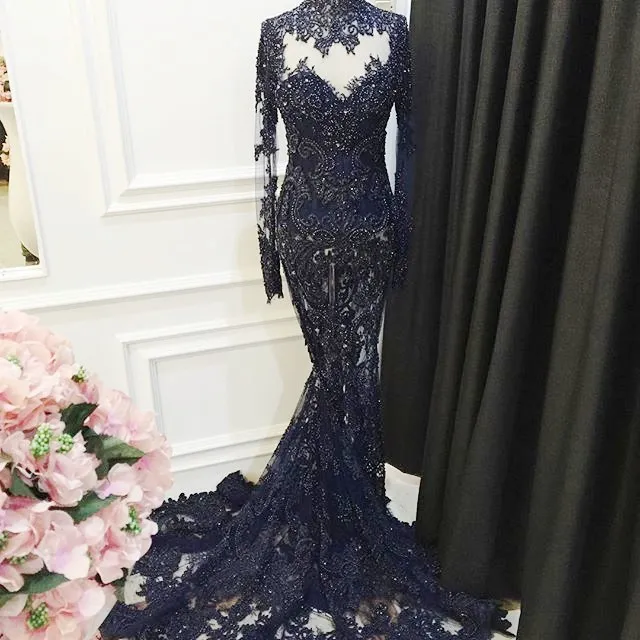 Stunning See Through Prom Dresses High Neck Pearls Beads Lace Appliques Long Sleeve Evening Dress Custom Made Sexy Luxury Mermaid Prom Dress