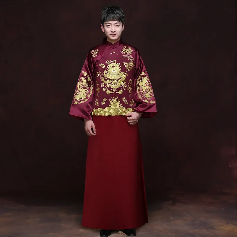 Costume de mariage de style chinois pour hommes, spectacle traditionnel, vêtements de mariage chinois, veste rouge de marié, costume tang, Robe de Dragon