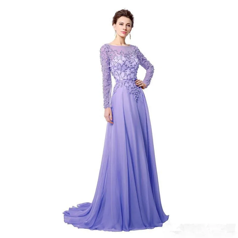 2019 New Fashion Long Evening Dress Illusion Jewel Neck Pearls Sash A-Line Floor Length Tulle Cheap Celebrity Party Gowns Prom Dress